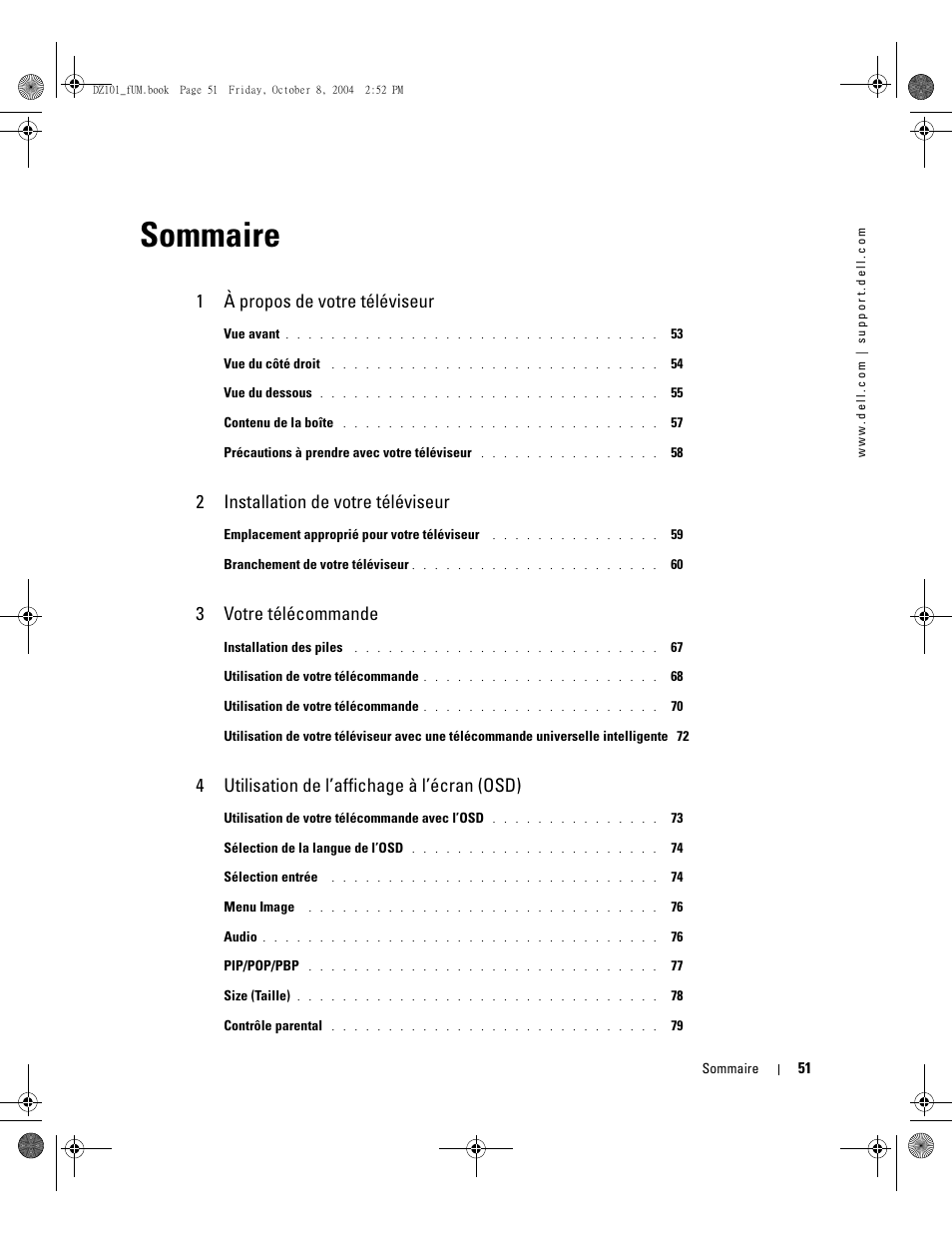 Sommaire, 1à propos de votre téléviseur, 2installation de votre téléviseur | 3votre télécommande, 4utilisation de l’affichage à l’écran (osd) | Dell LCD TV W4200 User Manual | Page 51 / 148