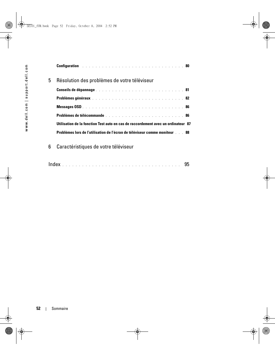 À propos de votre téléviseur, 5résolution des problèmes de votre téléviseur, 6caractéristiques de votre téléviseur index | Dell LCD TV W4200 User Manual | Page 52 / 148