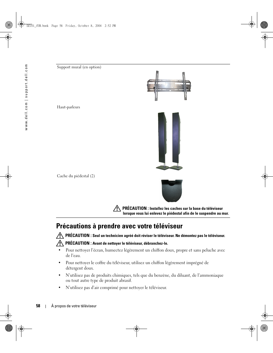 Précautions à prendre avec votre téléviseur | Dell LCD TV W4200 User Manual | Page 58 / 148