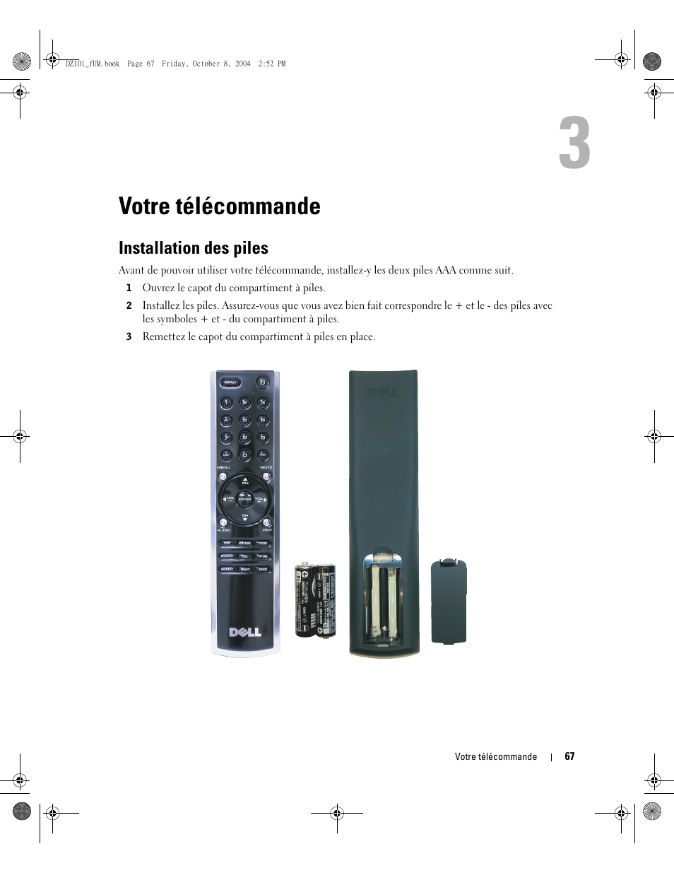 Votre télécommande, Installation des piles | Dell LCD TV W4200 User Manual | Page 67 / 148