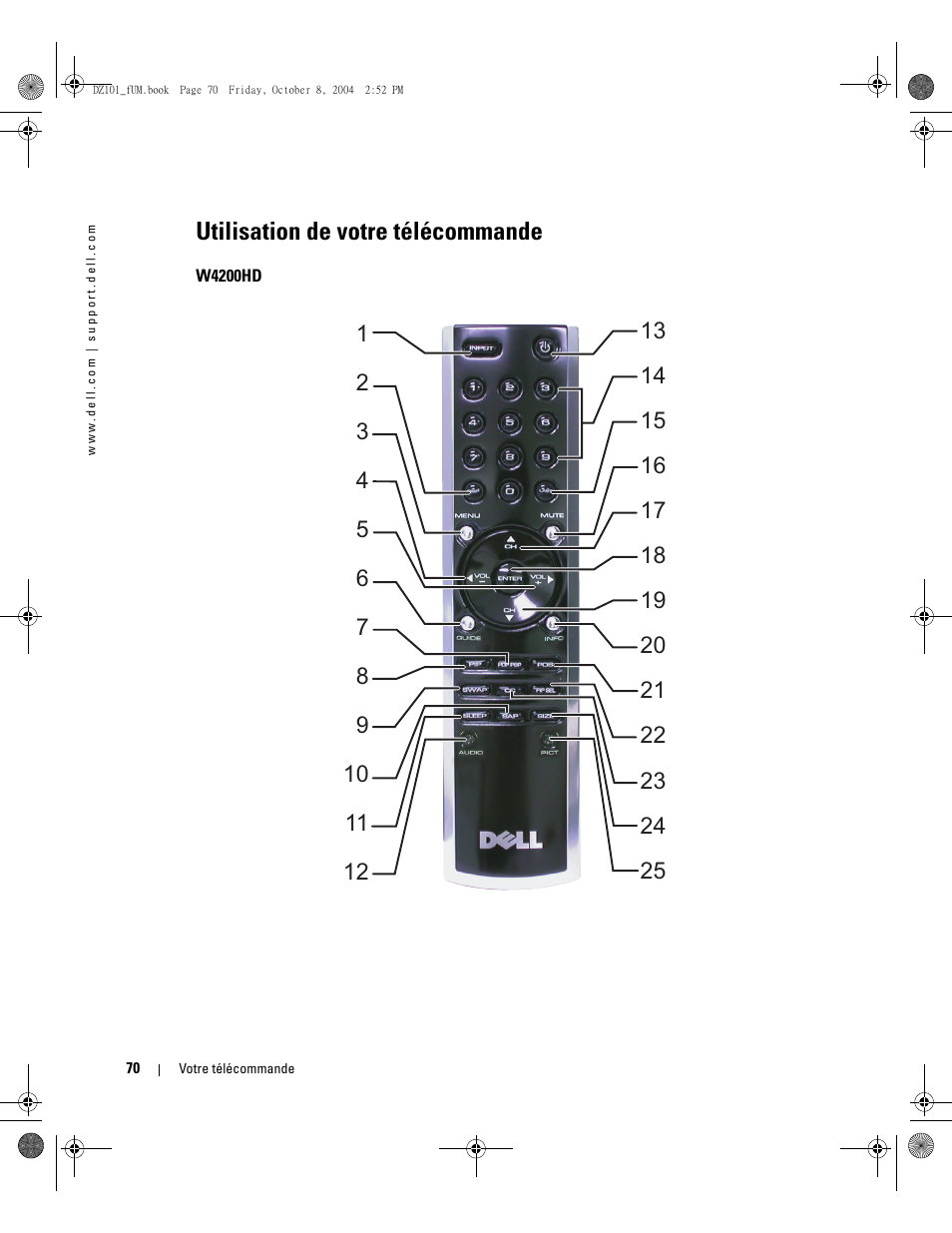 Utilisation de votre télécommande | Dell LCD TV W4200 User Manual | Page 70 / 148