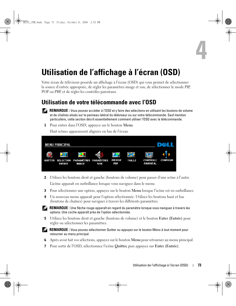 Utilisation de l’affichage à l’écran (osd), Utilisation de votre télécommande avec l’osd | Dell LCD TV W4200 User Manual | Page 73 / 148