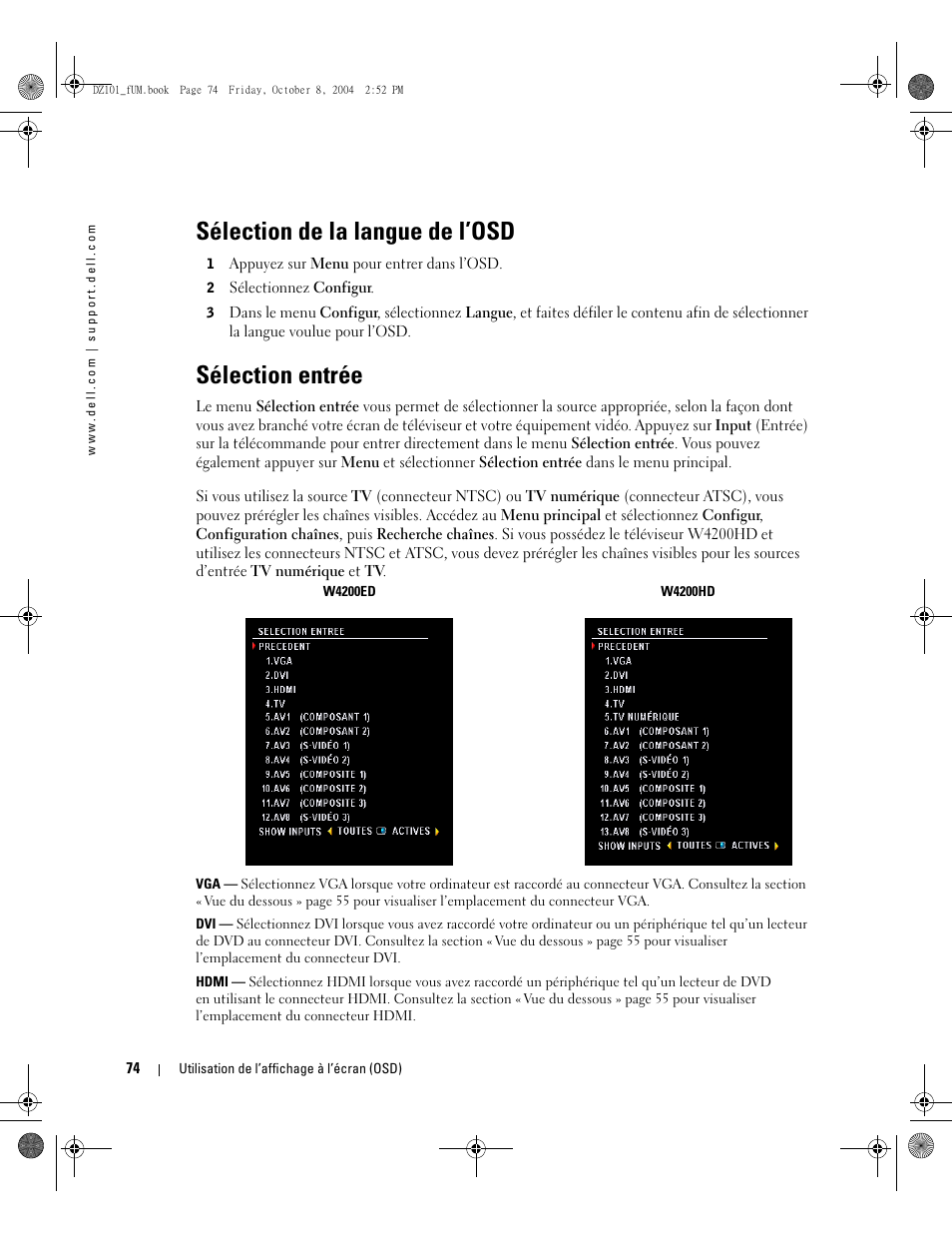 Sélection de la langue de l’osd, Sélection entrée | Dell LCD TV W4200 User Manual | Page 74 / 148