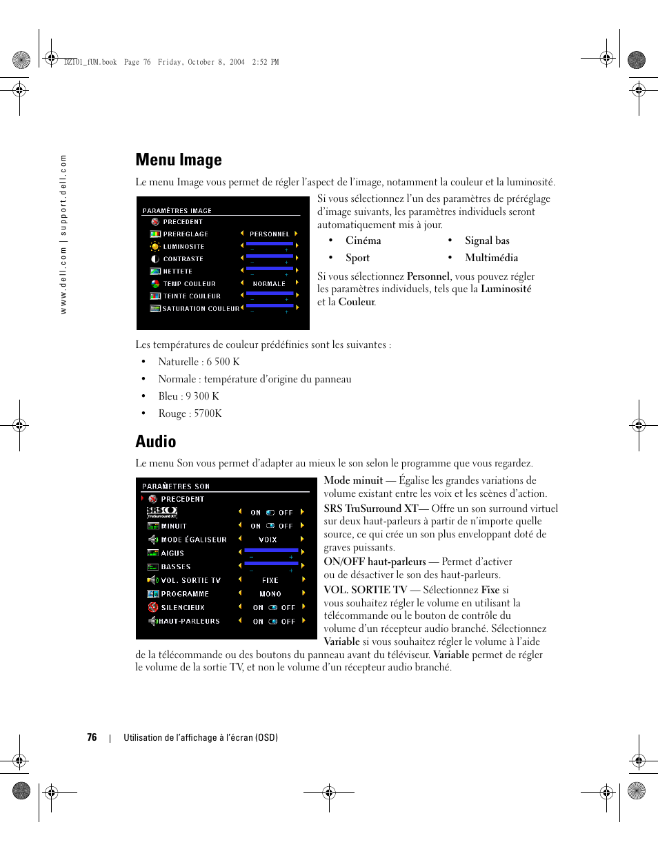 Menu image, Audio | Dell LCD TV W4200 User Manual | Page 76 / 148