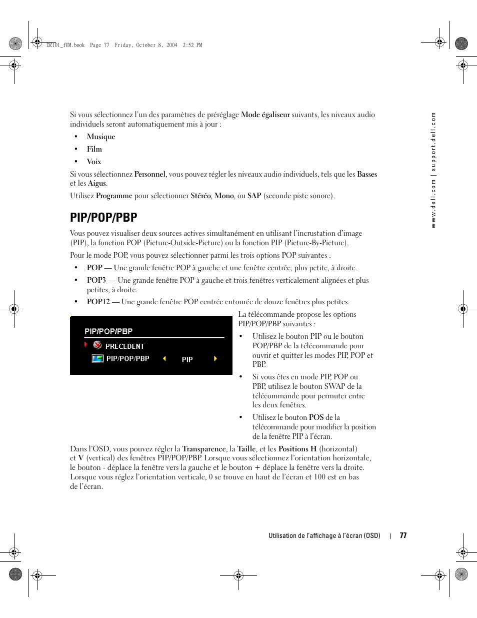 Pip/pop/pbp | Dell LCD TV W4200 User Manual | Page 77 / 148