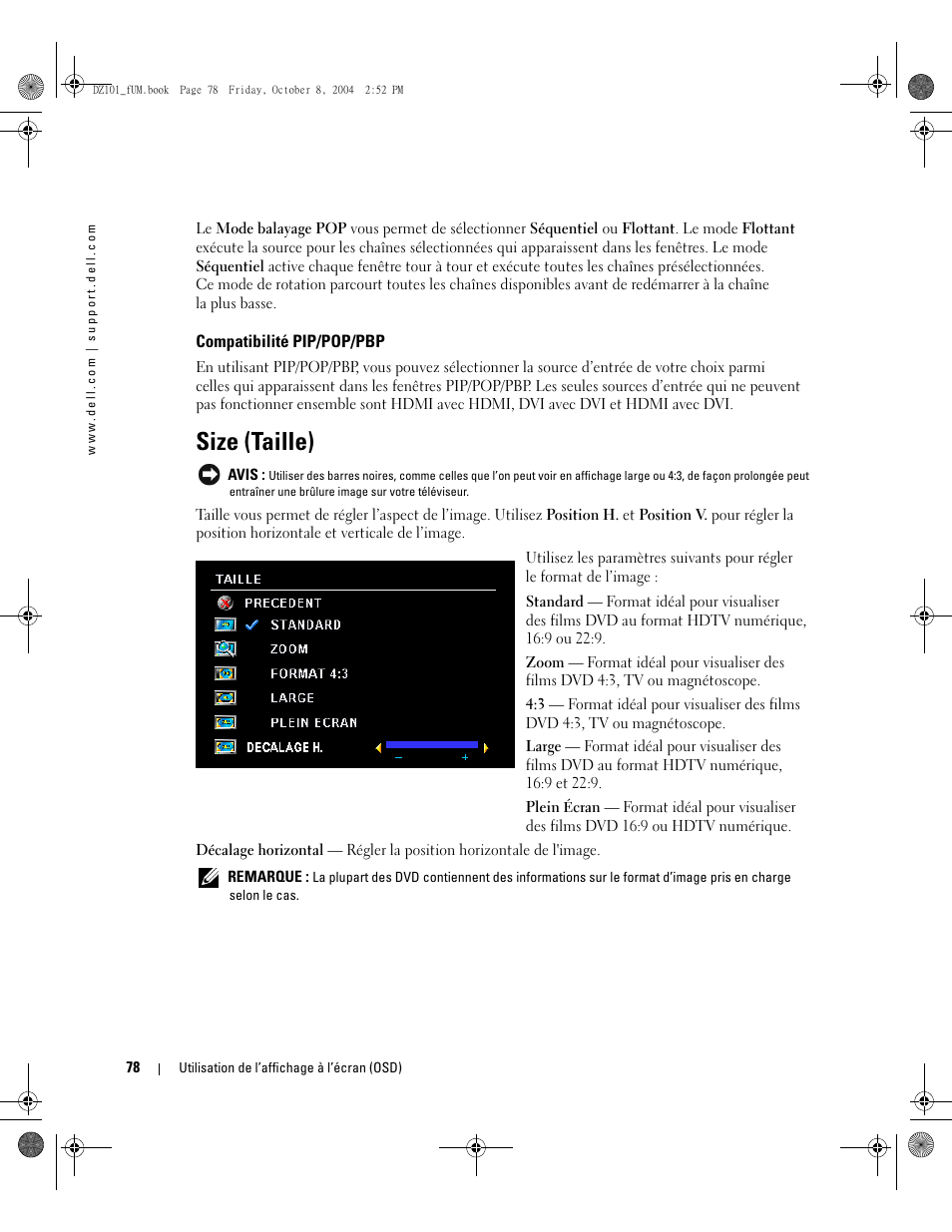 Size (taille) | Dell LCD TV W4200 User Manual | Page 78 / 148
