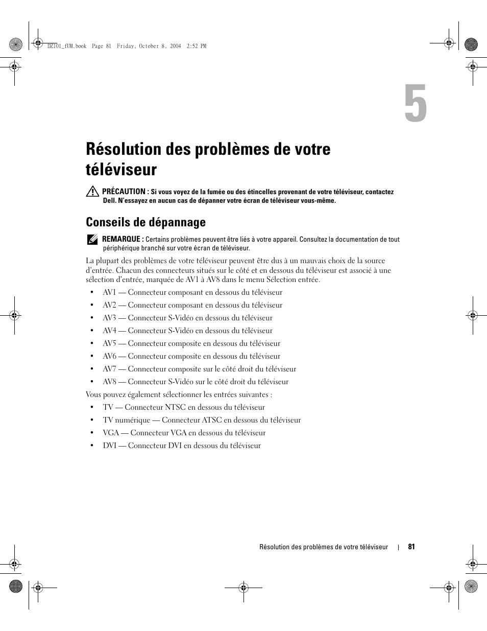 Résolution des problèmes de votre, Conseils de dépannage, Résolution des problèmes de votre téléviseur | Dell LCD TV W4200 User Manual | Page 81 / 148