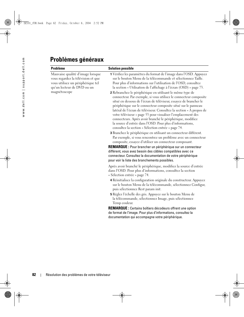 Problèmes généraux | Dell LCD TV W4200 User Manual | Page 82 / 148