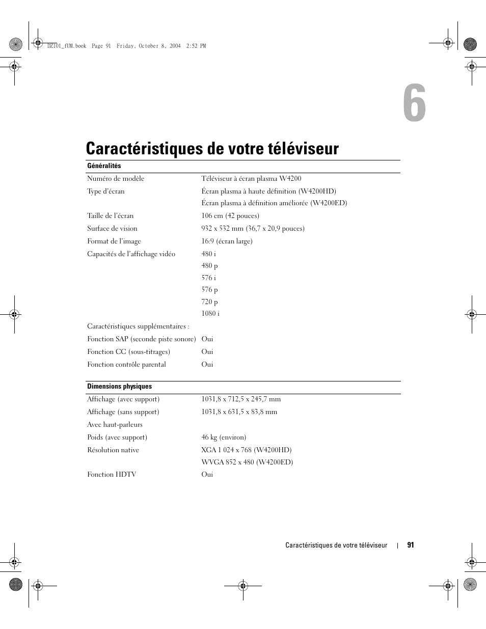 Caractéristiques de votre téléviseur | Dell LCD TV W4200 User Manual | Page 91 / 148