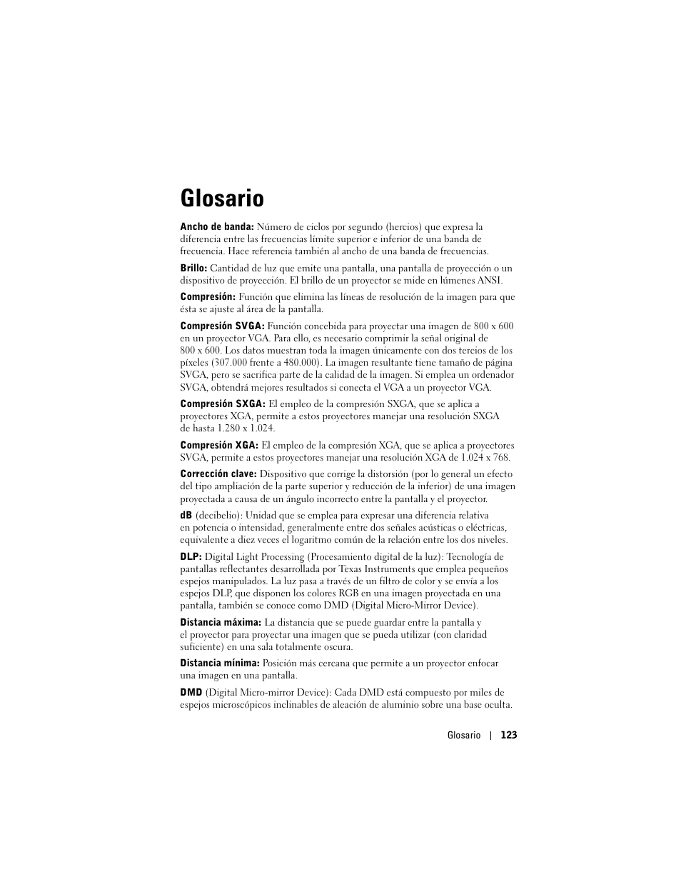 Glosario | Dell Projector 1200MP User Manual | Page 123 / 260