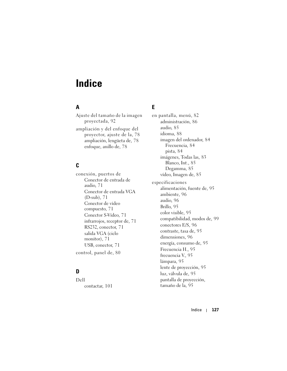 Indice | Dell Projector 1200MP User Manual | Page 127 / 260