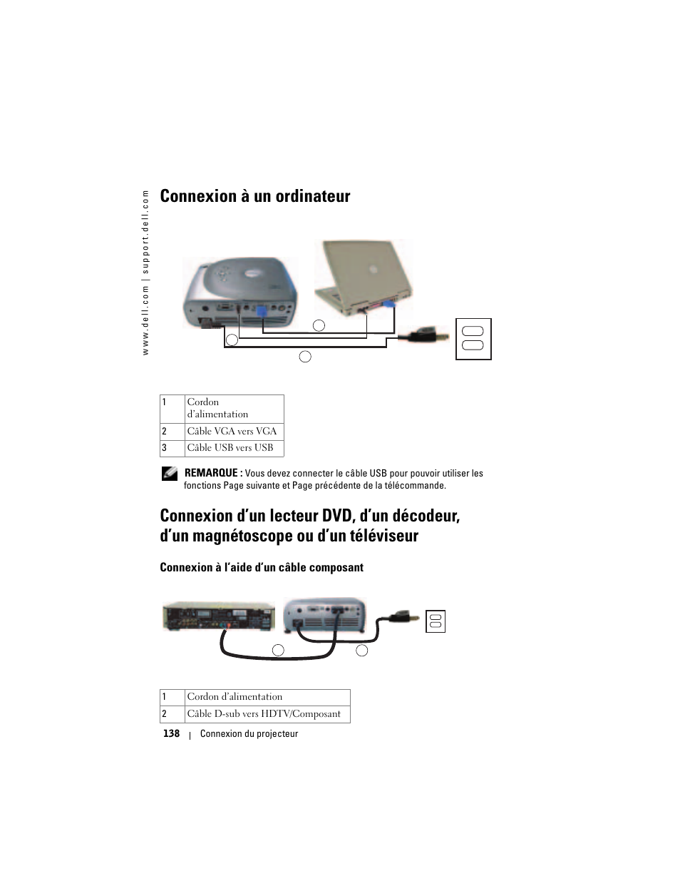 Connexion à un ordinateur, Connexion à l’aide d’un câble composant | Dell Projector 1200MP User Manual | Page 138 / 260