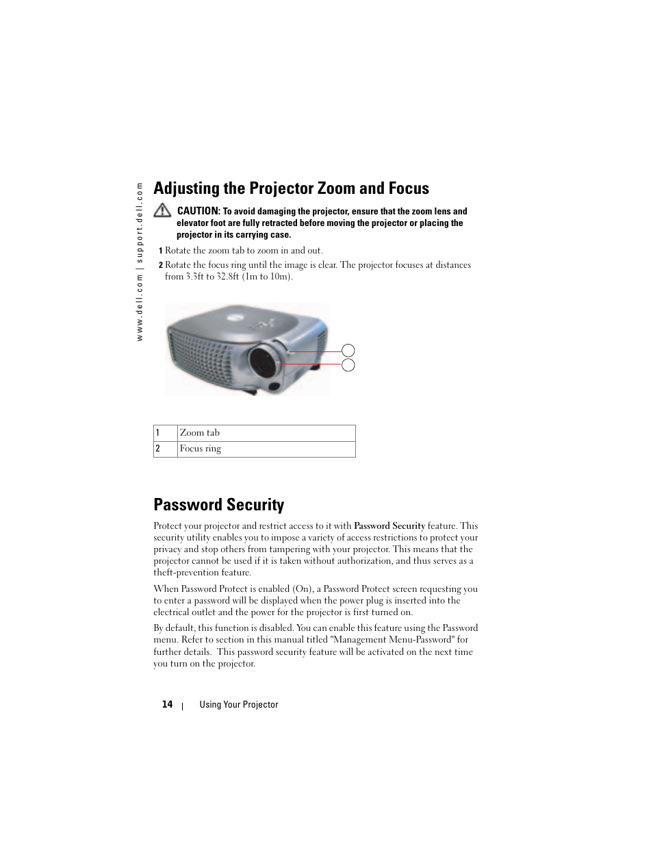 Adjusting the projector zoom and focus, Password security | Dell Projector 1200MP User Manual | Page 14 / 260