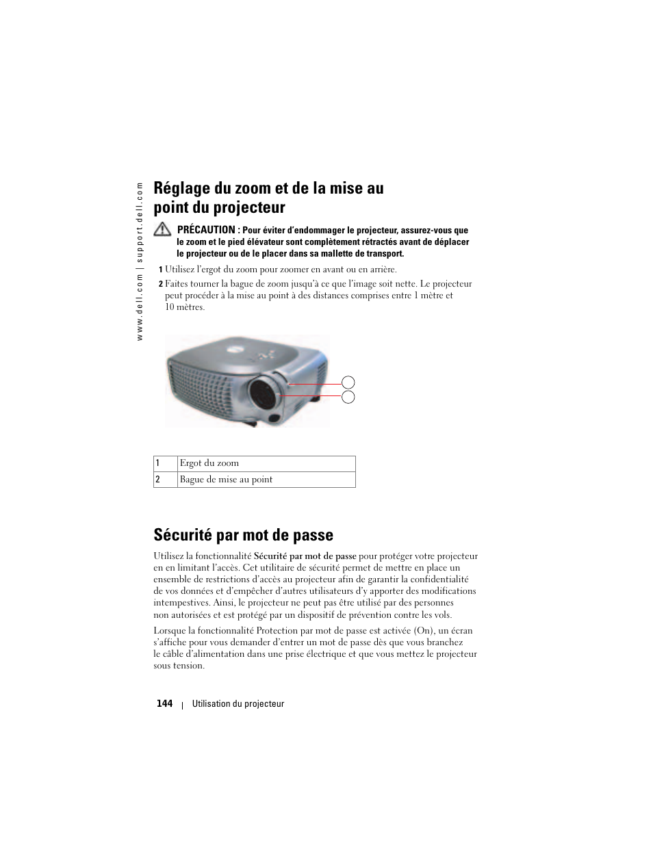 Sécurité par mot de passe | Dell Projector 1200MP User Manual | Page 144 / 260