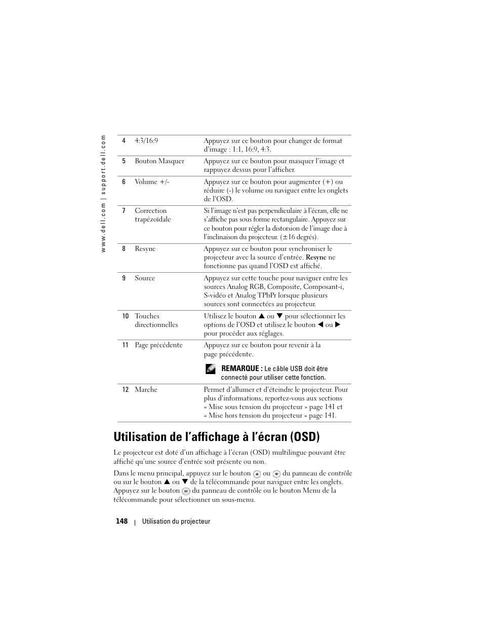 Utilisation de l’affichage à l’écran (osd) | Dell Projector 1200MP User Manual | Page 148 / 260