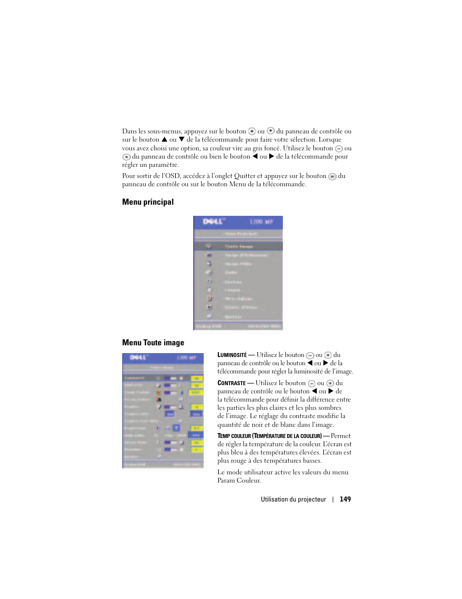 Menu principal, Menu toute image | Dell Projector 1200MP User Manual | Page 149 / 260