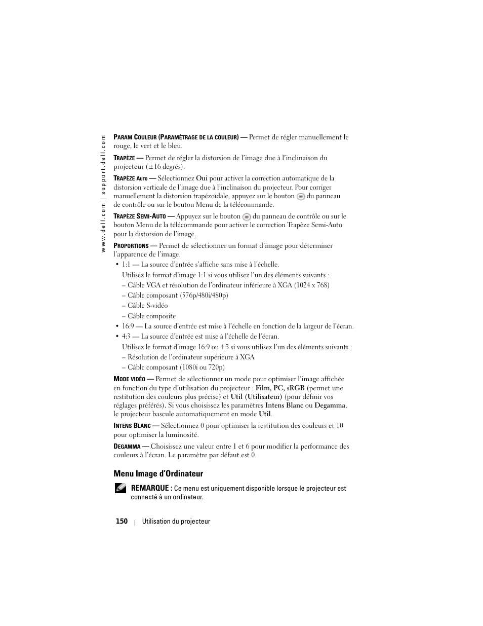 Menu image d’ordinateur | Dell Projector 1200MP User Manual | Page 150 / 260