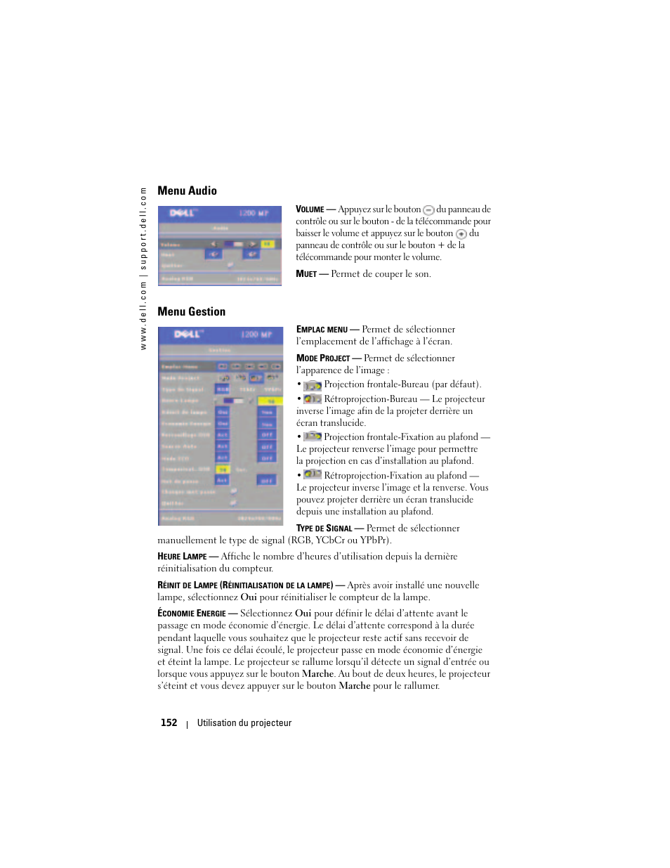 Menu audio, Menu gestion | Dell Projector 1200MP User Manual | Page 152 / 260