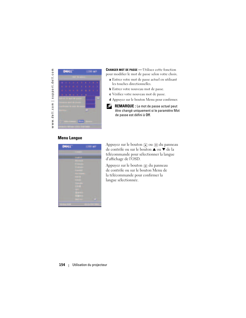 Menu langue | Dell Projector 1200MP User Manual | Page 154 / 260