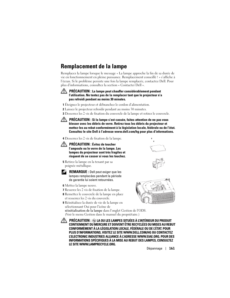 Remplacement de la lampe | Dell Projector 1200MP User Manual | Page 161 / 260