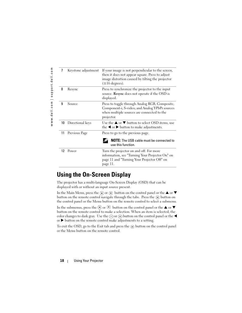 Using the on-screen display | Dell Projector 1200MP User Manual | Page 18 / 260