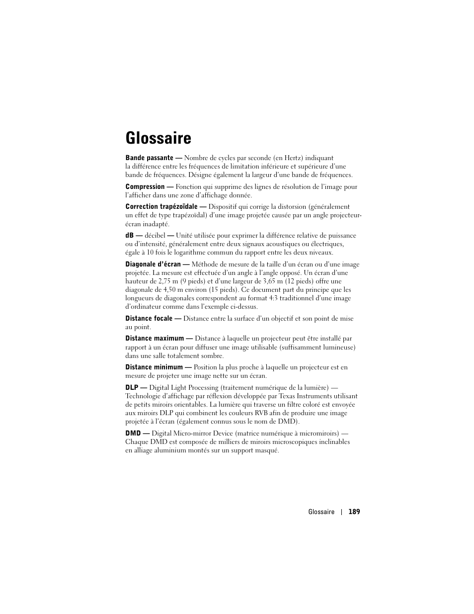 Glossaire | Dell Projector 1200MP User Manual | Page 189 / 260