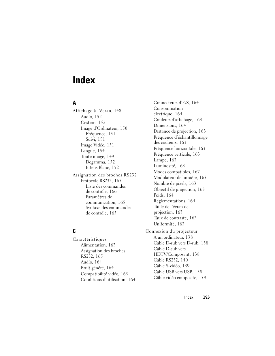 Index | Dell Projector 1200MP User Manual | Page 193 / 260