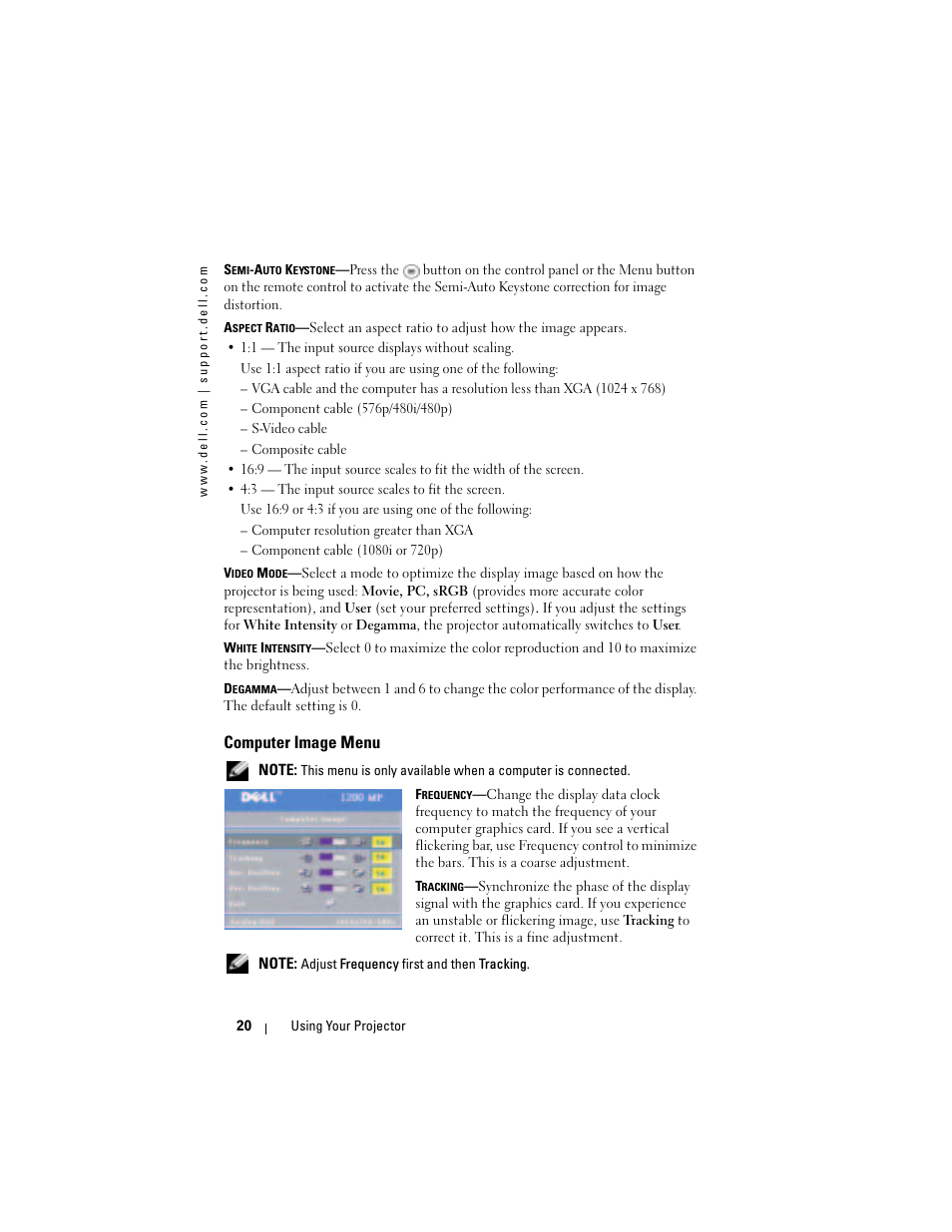 Computer image menu | Dell Projector 1200MP User Manual | Page 20 / 260