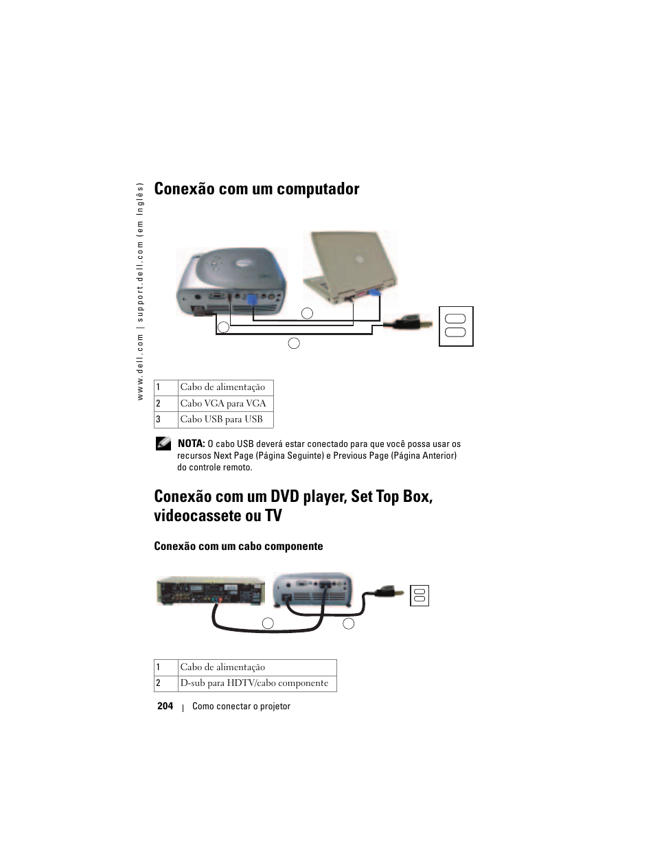 Conexão com um computador, Conexão com um cabo componente | Dell Projector 1200MP User Manual | Page 204 / 260