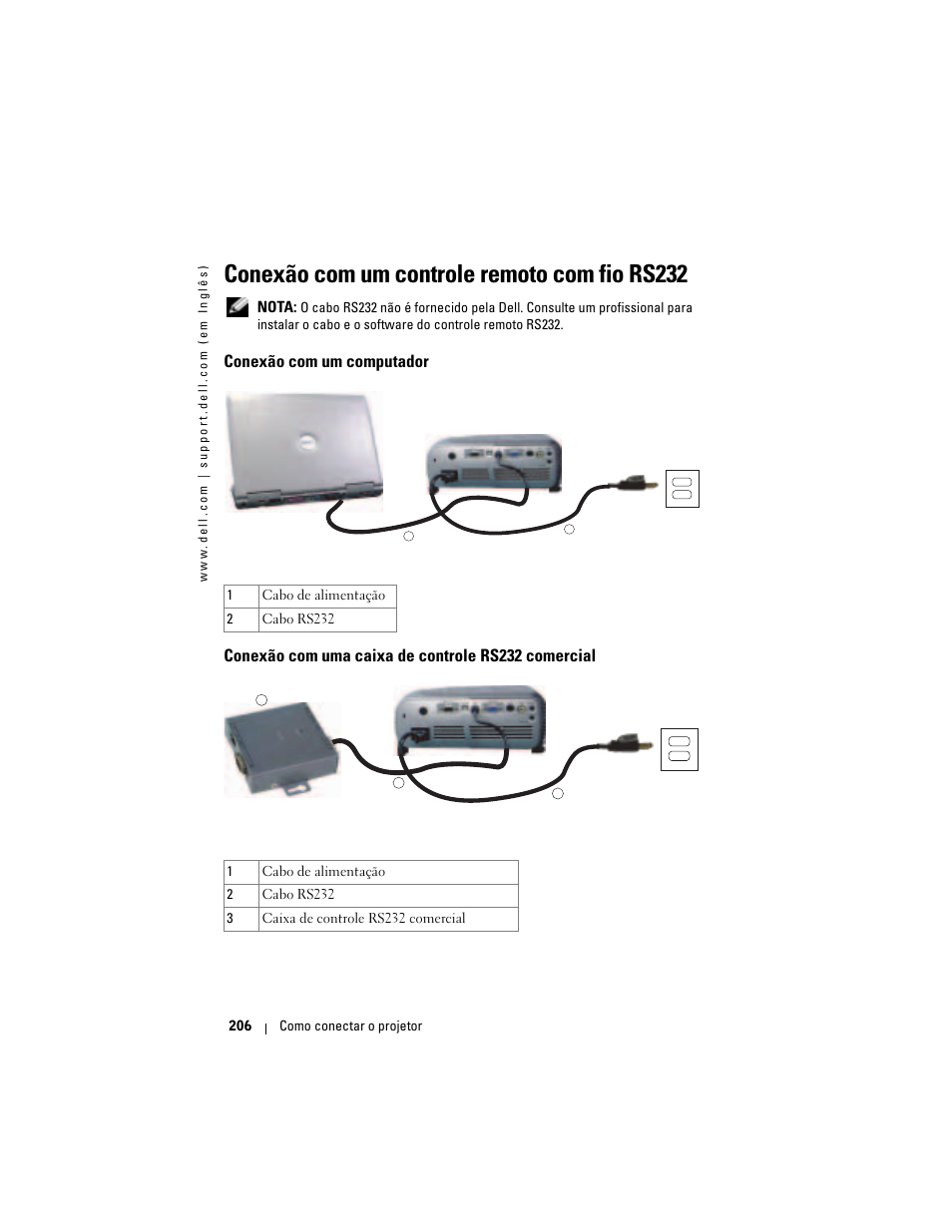 Conexão com um controle remoto com fio rs232, Conexão com um computador, Conexão com uma caixa de controle rs232 comercial | Dell Projector 1200MP User Manual | Page 206 / 260