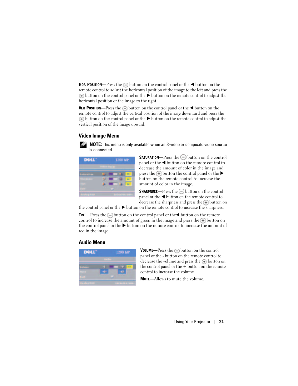 Video image menu, Audio menu | Dell Projector 1200MP User Manual | Page 21 / 260