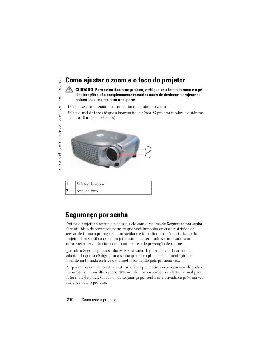 Como ajustar o zoom e o foco do projetor, Segurança por senha | Dell Projector 1200MP User Manual | Page 210 / 260