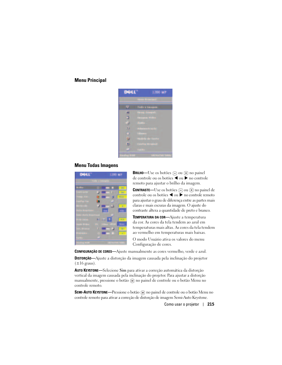 Menu principal, Menu todas imagens, Menu principal menu todas imagens | Dell Projector 1200MP User Manual | Page 215 / 260