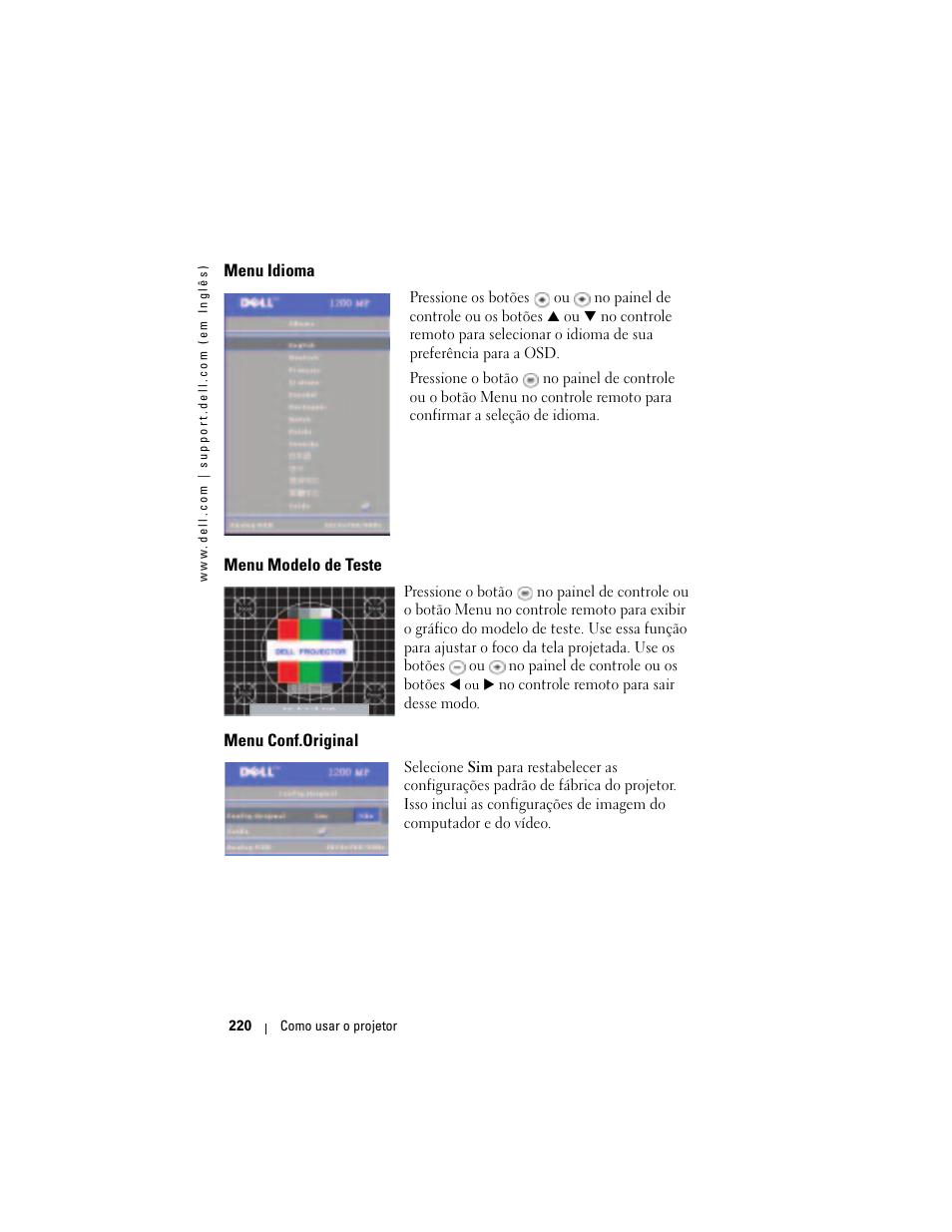 Menu idioma, Menu modelo de teste, Menu conf.original | Dell Projector 1200MP User Manual | Page 220 / 260