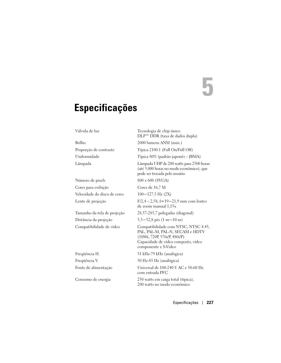 Especificações, 5 especificações | Dell Projector 1200MP User Manual | Page 227 / 260
