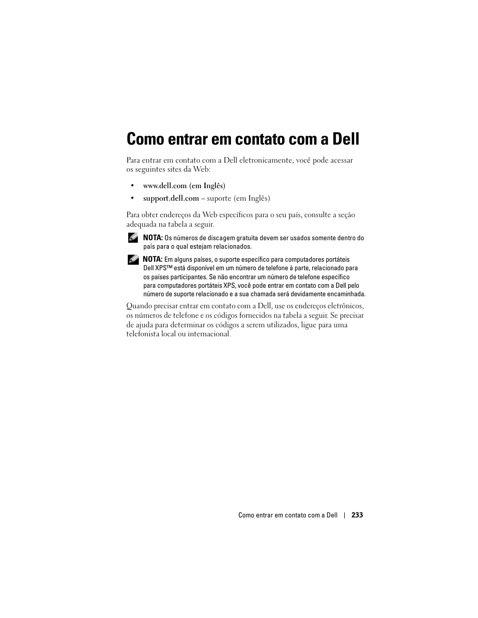 Como entrar em contato com a dell, 6 como entrar em contato com a dell | Dell Projector 1200MP User Manual | Page 233 / 260