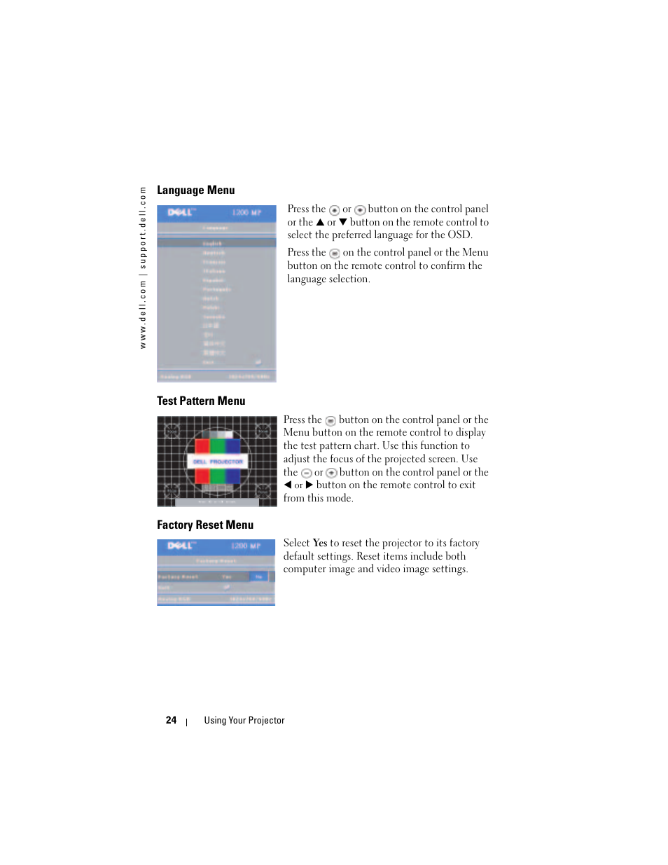 Language menu, Test pattern menu, Factory reset menu | Dell Projector 1200MP User Manual | Page 24 / 260