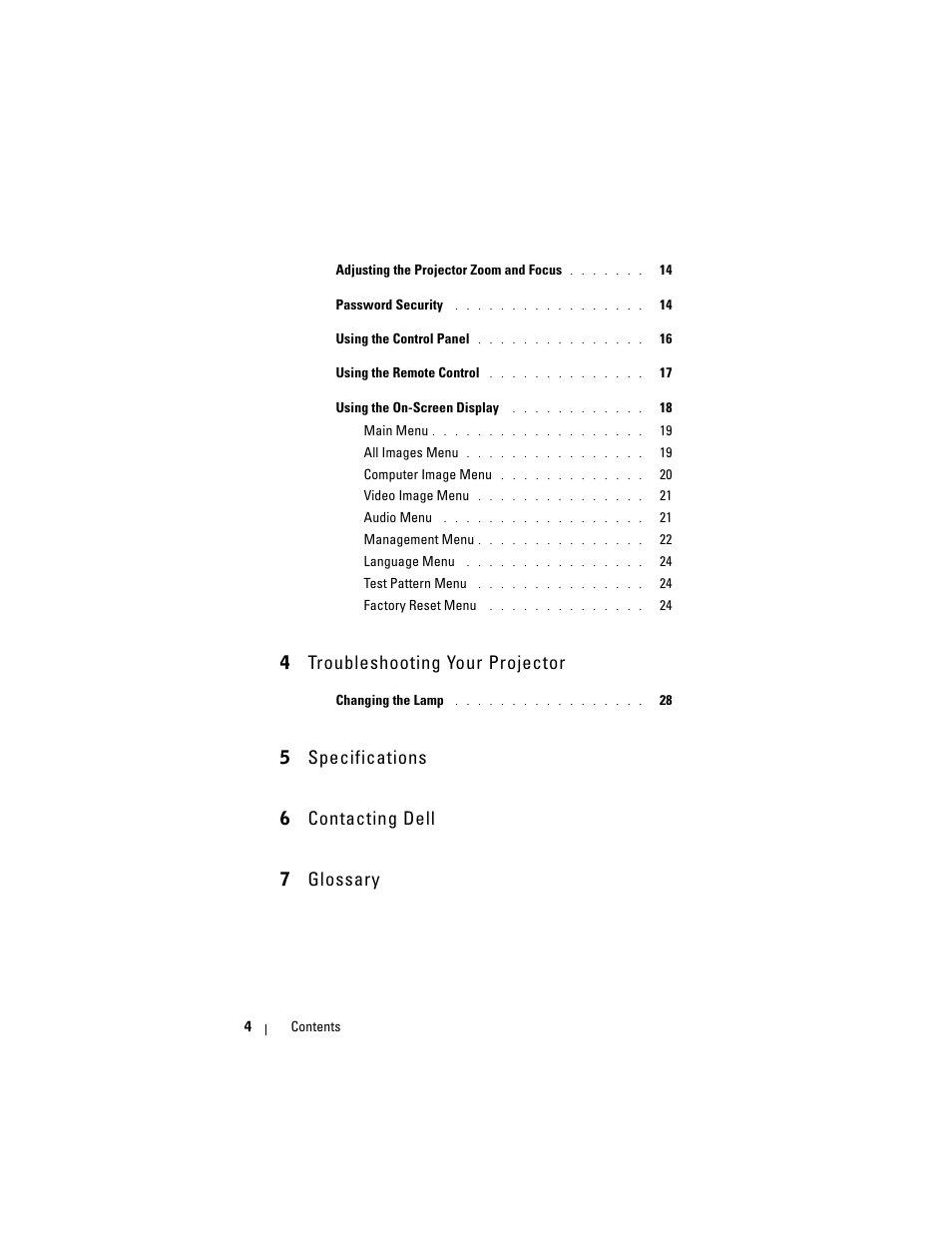 4 troubleshooting your projector, 5 specifications, 6 contacting dell | 7 glossary, 5 specifications 6 contacting dell 7 glossary | Dell Projector 1200MP User Manual | Page 4 / 260
