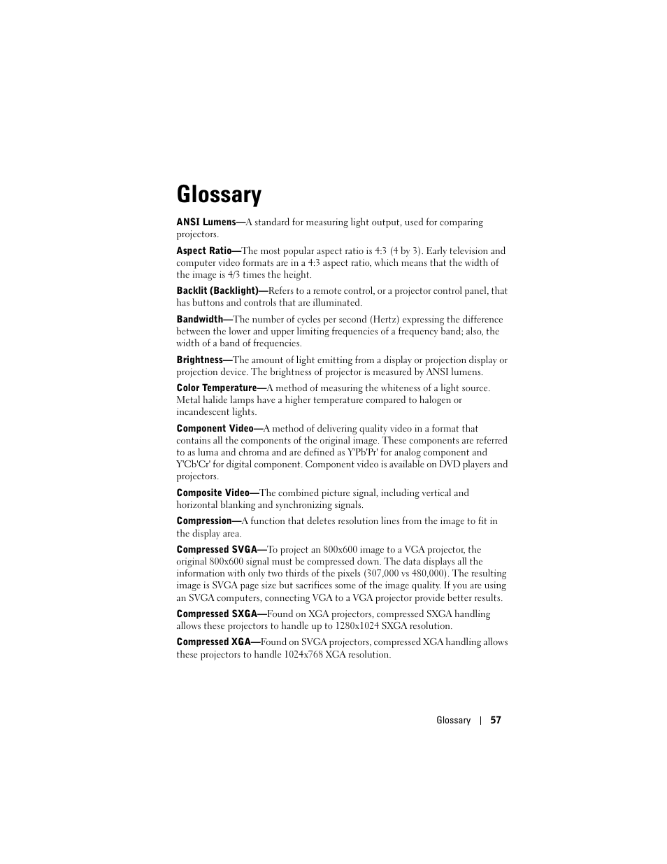 Glossary | Dell Projector 1200MP User Manual | Page 57 / 260