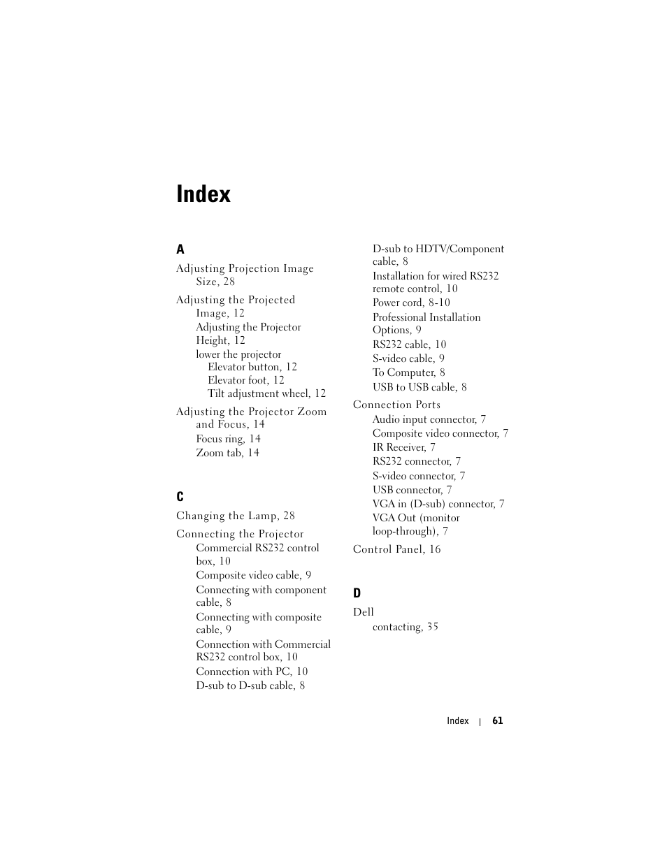 Index | Dell Projector 1200MP User Manual | Page 61 / 260