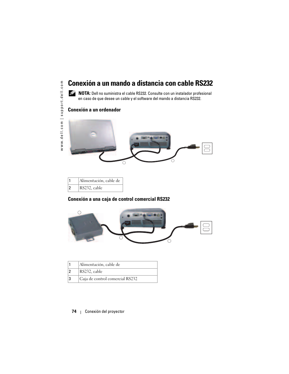 Conexión a un mando a distancia con cable rs232, Conexión a un ordenador, Conexión a una caja de control comercial rs232 | Dell Projector 1200MP User Manual | Page 74 / 260