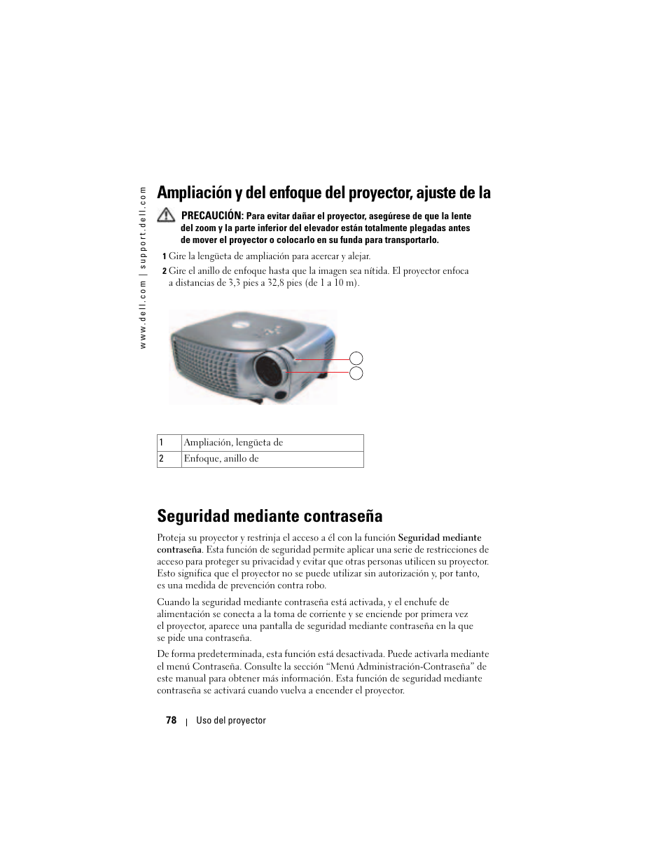 Seguridad mediante contraseña | Dell Projector 1200MP User Manual | Page 78 / 260