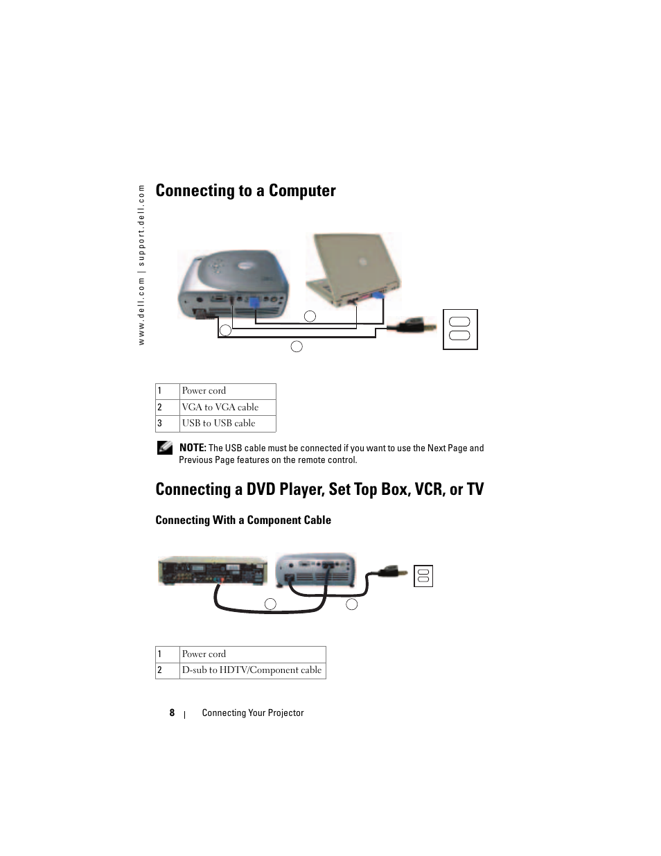Connecting to a computer, Connecting a dvd player, set top box, vcr, or tv, Connecting with a component cable | Dell Projector 1200MP User Manual | Page 8 / 260