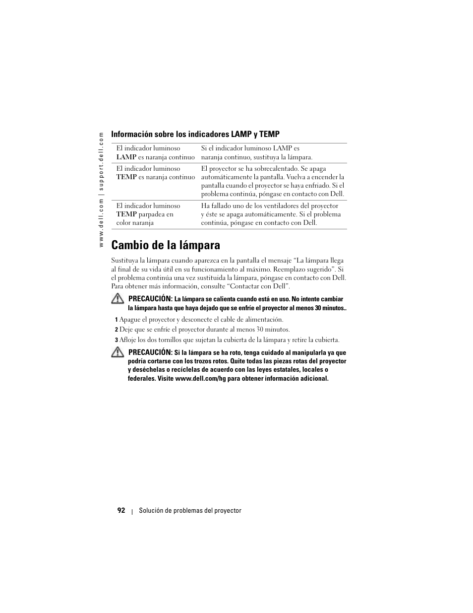 Cambio de la lámpara | Dell Projector 1200MP User Manual | Page 92 / 260