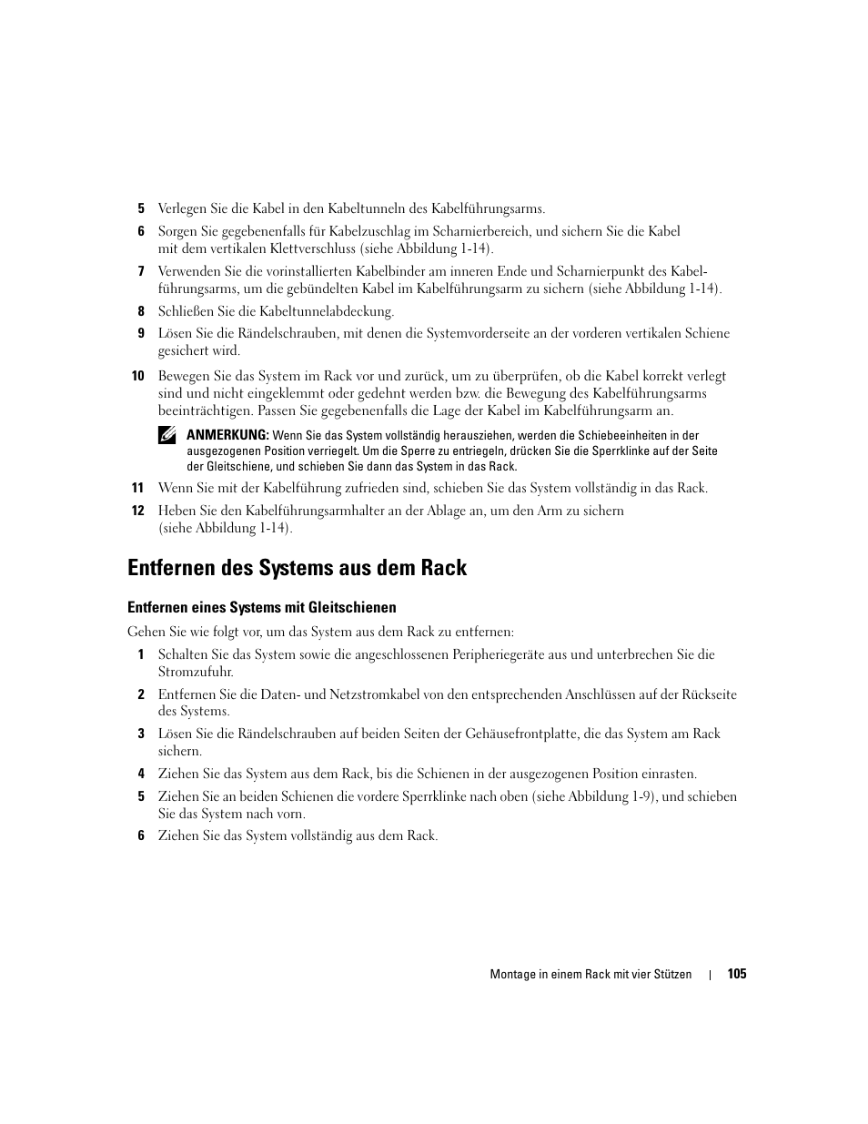 Entfernen des systems aus dem rack, Entfernen eines systems mit gleitschienen | Dell POWEREDGE 300 User Manual | Page 107 / 202
