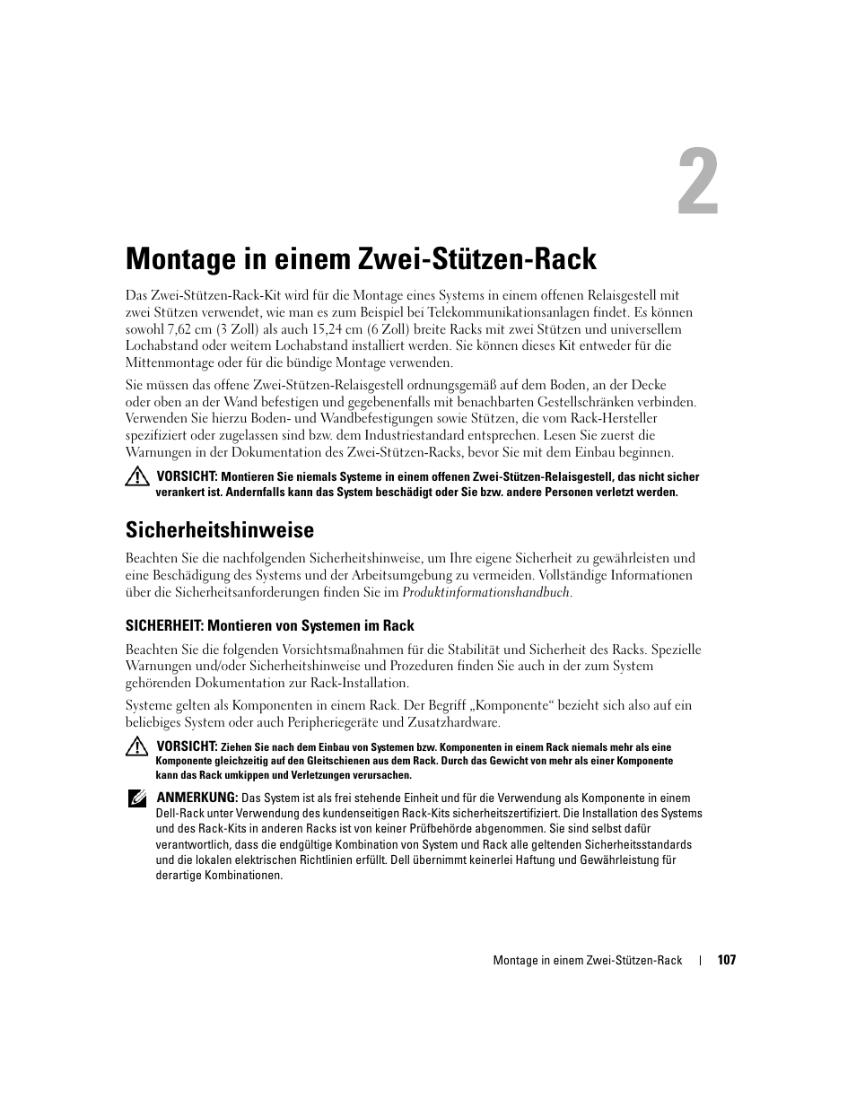Montage in einem zwei-stützen-rack, Sicherheitshinweise, Sicherheit: montieren von systemen im rack | Dell POWEREDGE 300 User Manual | Page 109 / 202