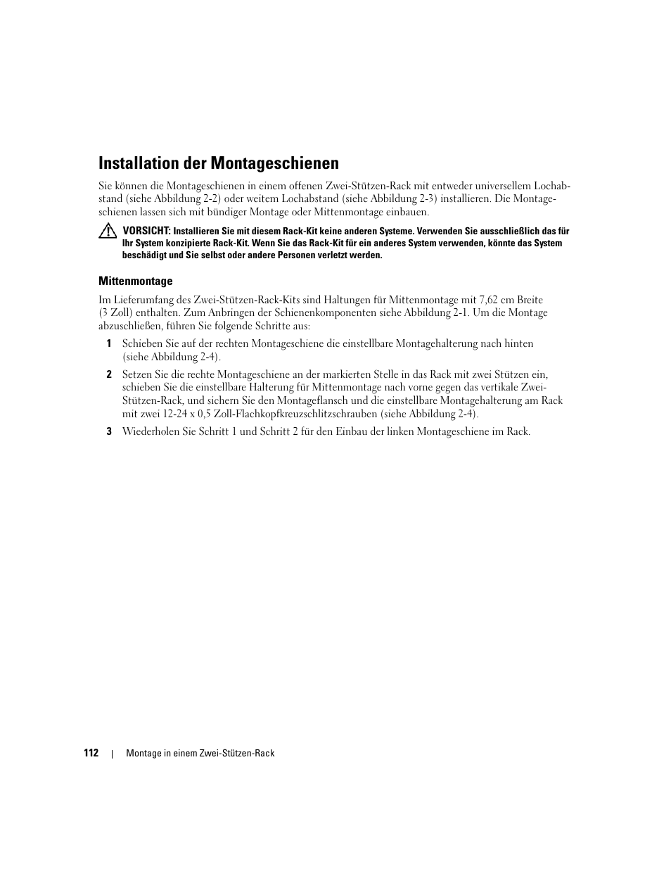 Installation der montageschienen, Mittenmontage | Dell POWEREDGE 300 User Manual | Page 114 / 202