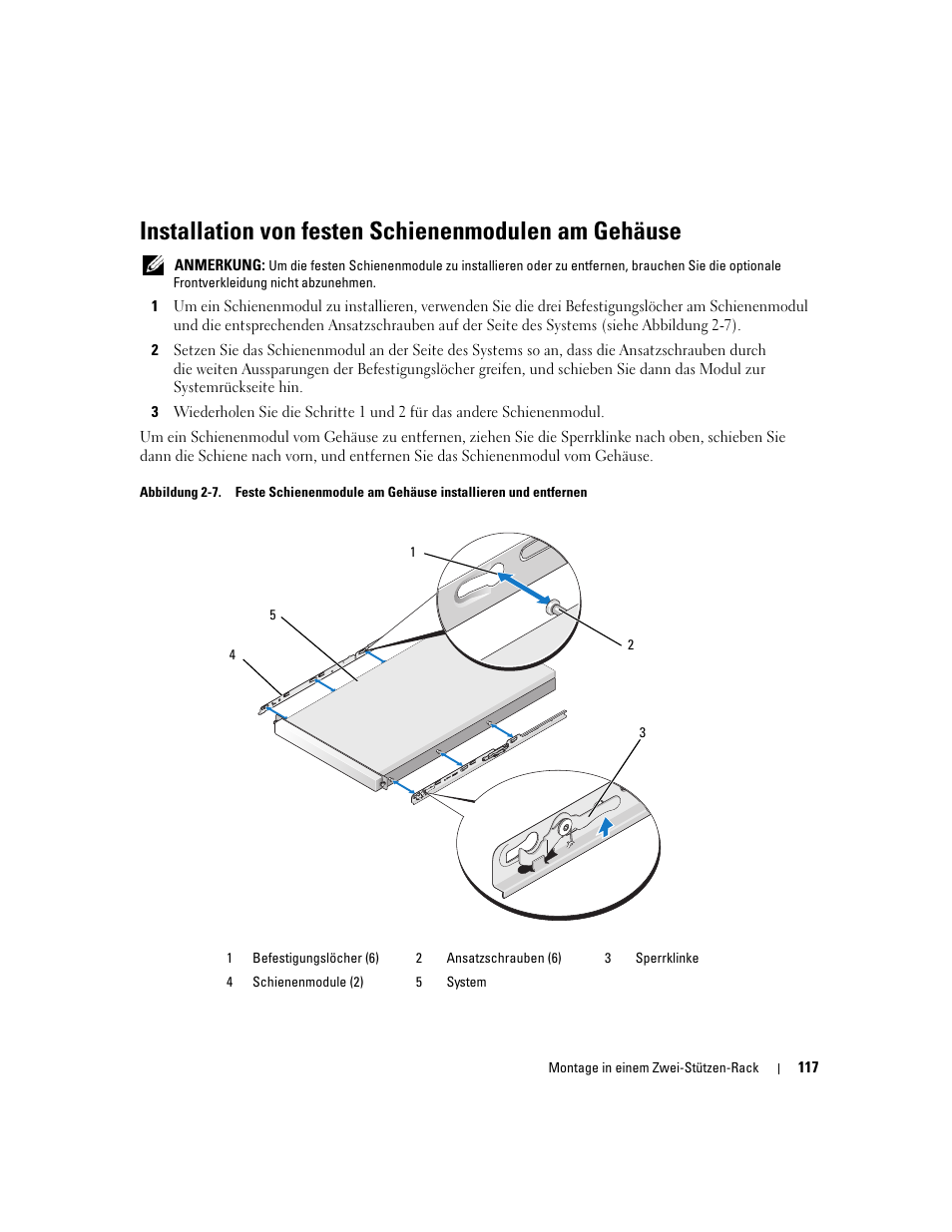 Installation von festen schienenmodulen am gehäuse | Dell POWEREDGE 300 User Manual | Page 119 / 202