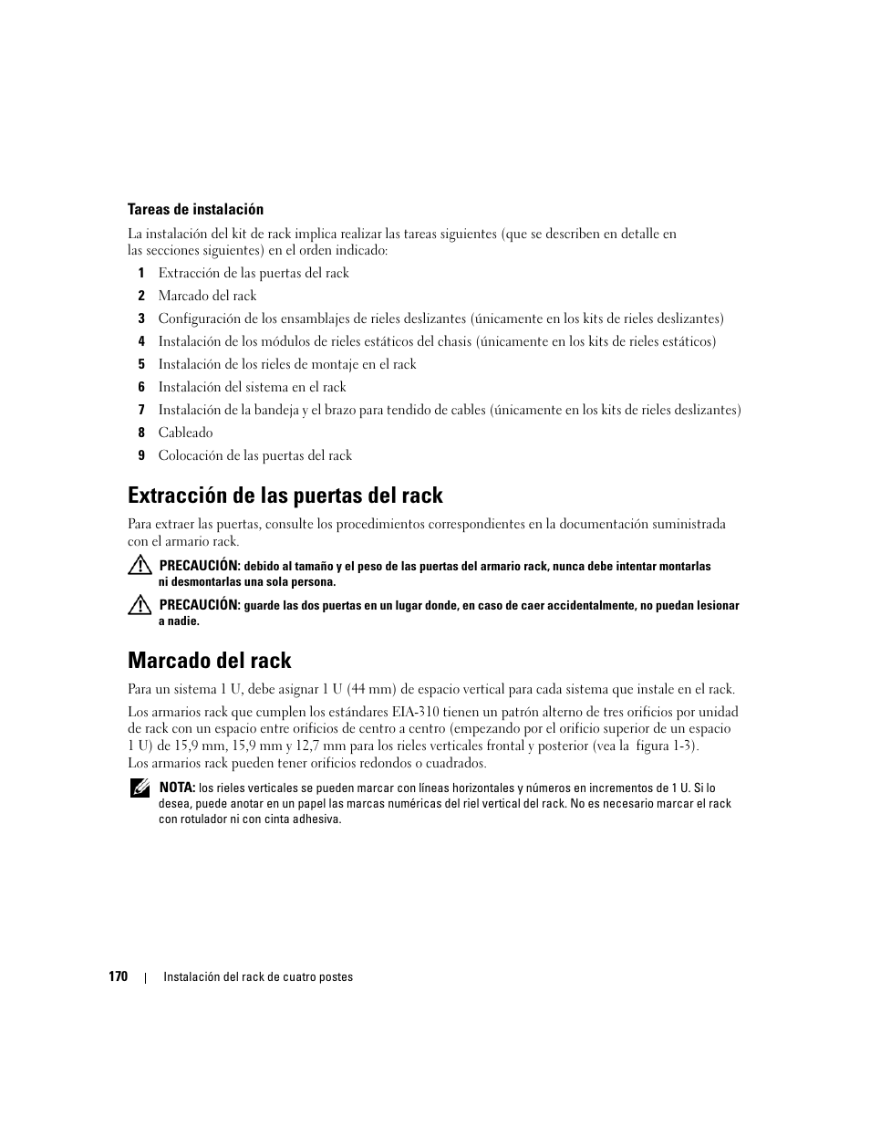 Tareas de instalación, Extracción de las puertas del rack, Marcado del rack | Dell POWEREDGE 300 User Manual | Page 172 / 202