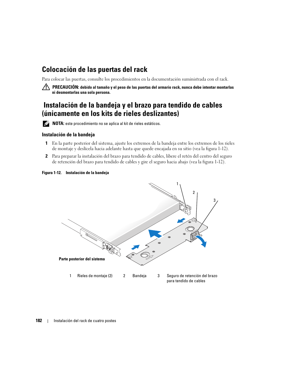 Colocación de las puertas del rack, Instalación de la bandeja | Dell POWEREDGE 300 User Manual | Page 184 / 202